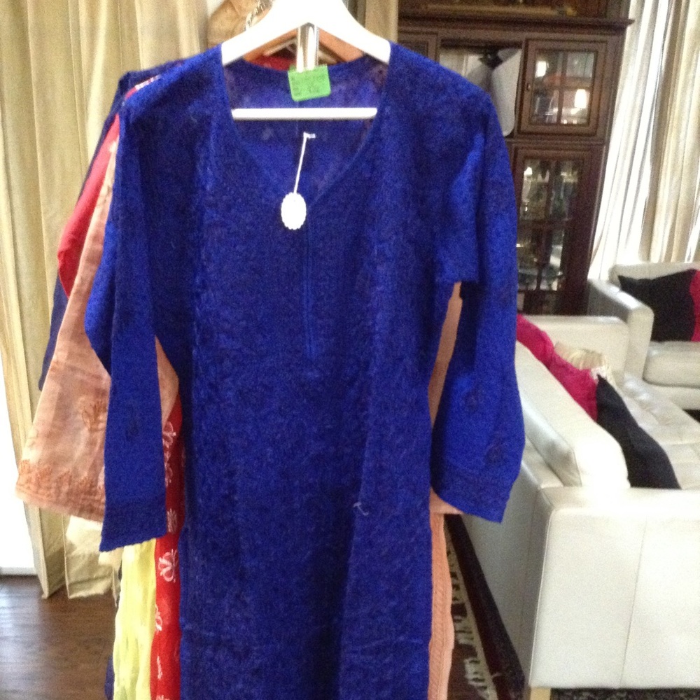 Cobalt blue cotton Lucknowi kurta